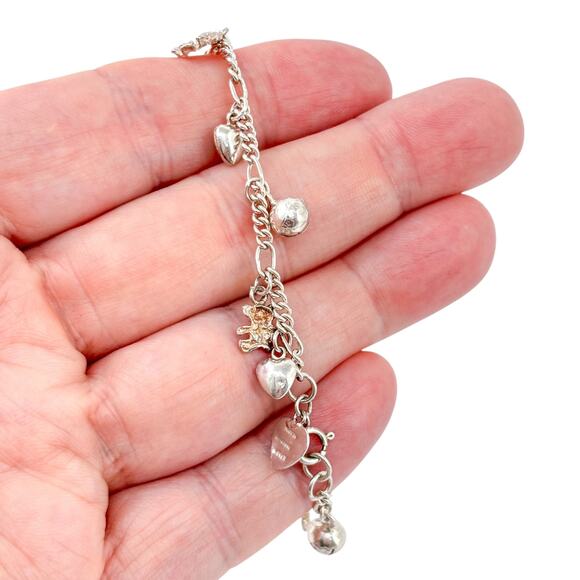 Vintage Sterling Silver Charm Bracelet | Hearts, Bells & Teddy Bears | 7” - Picture 1 of 6
